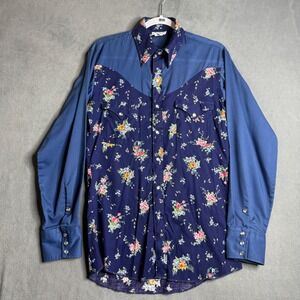 Goat Roper Vintage Western Shirt Floral Print Blue Long Sleeve Pearl Snap Size M